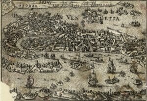 Ansicht von Venedig und den umliegenden Inseln aus der Vogelperspektive, veröffentlicht vermutlich um 1670, entweder für einen Atlas oder als Illustration in einem Buch.